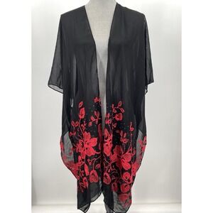 Jessica‎ McClintock Black And Red Embroidered Sheer Kimono One Size